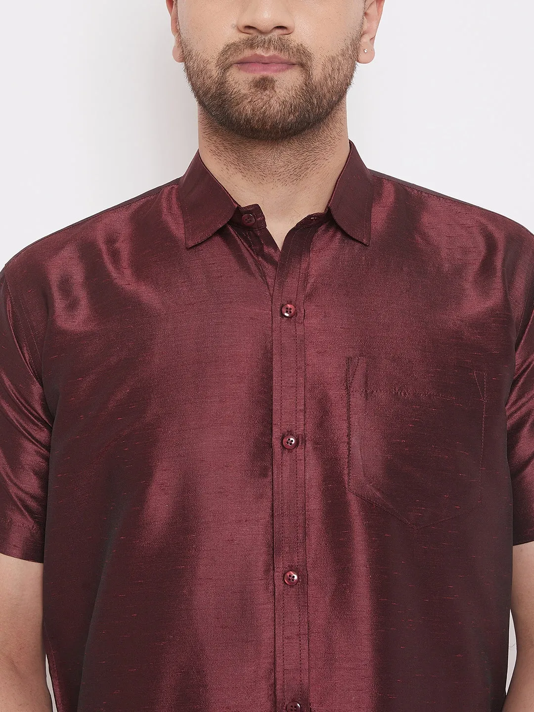 Men's Wine Silk Blend Ethnic Shirt - Vastramay