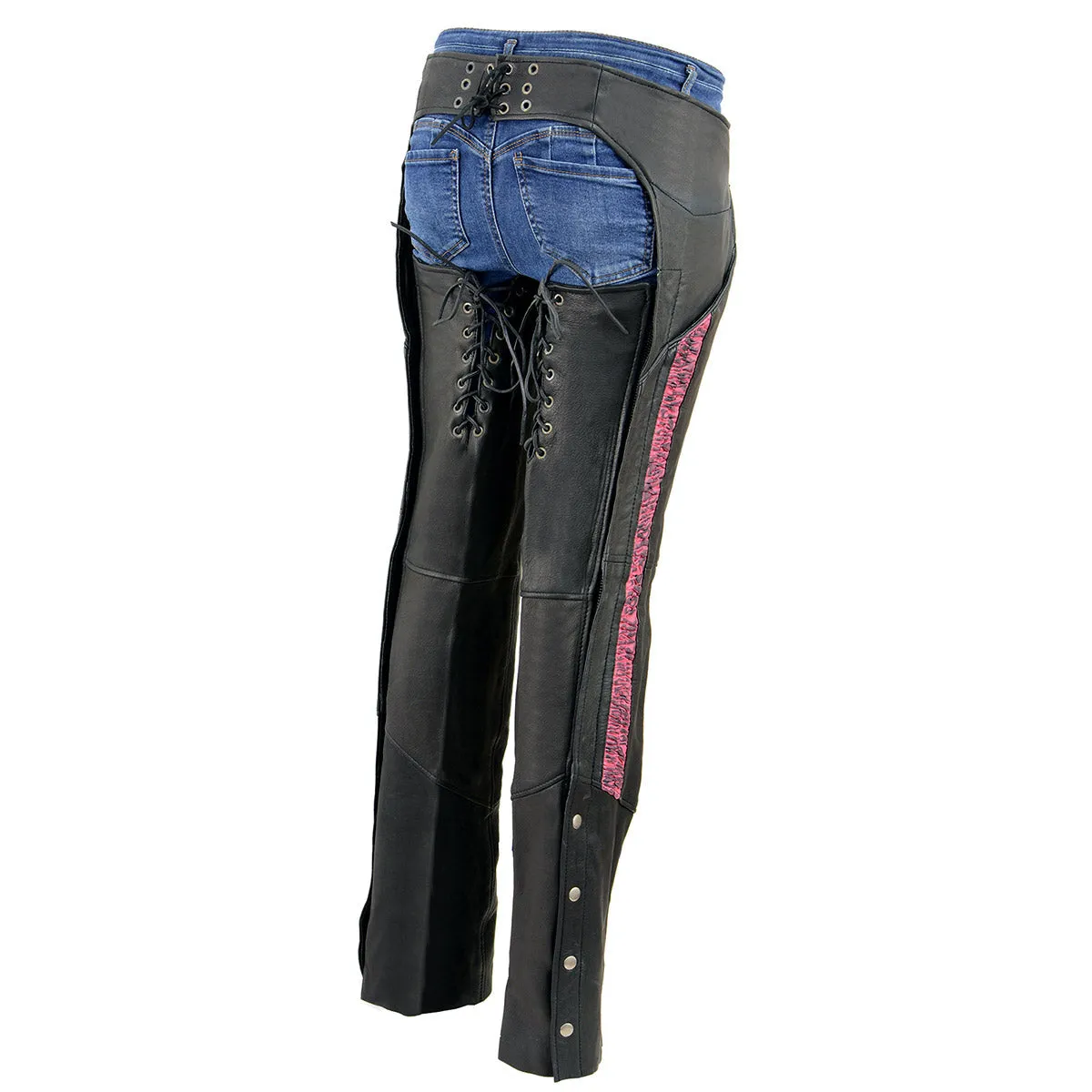 Milwaukee Leather Chaps for Women Black Lightweight Goat Skin- Crinkled Stripes Reflective Motorcycle Chap- MLL6501