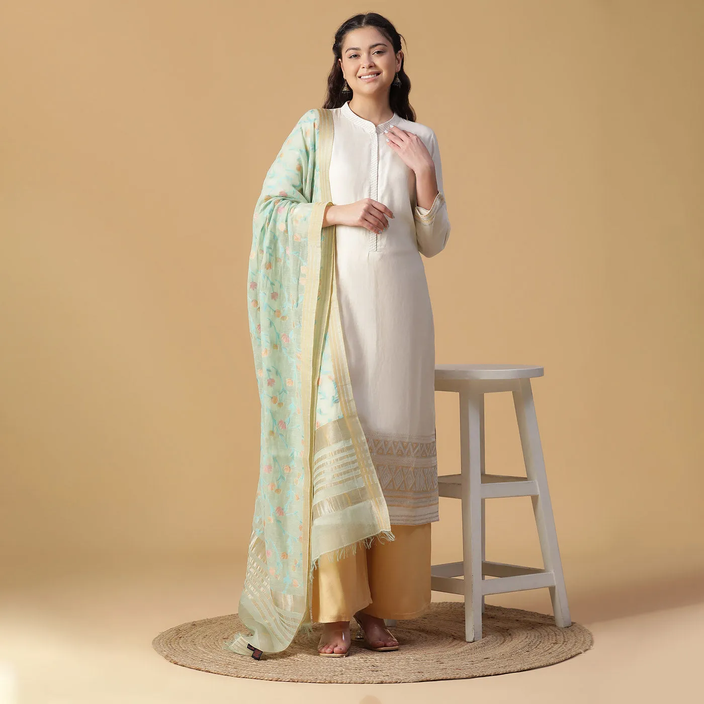 Off White Woven Design Cotton Silk Lurex Unstitched Suit Co-ords Set