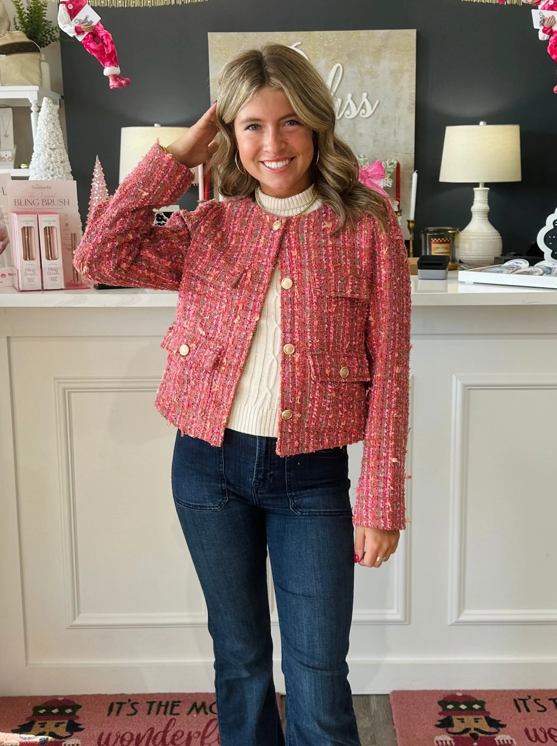 Pink Multi Color Tweed Jacket