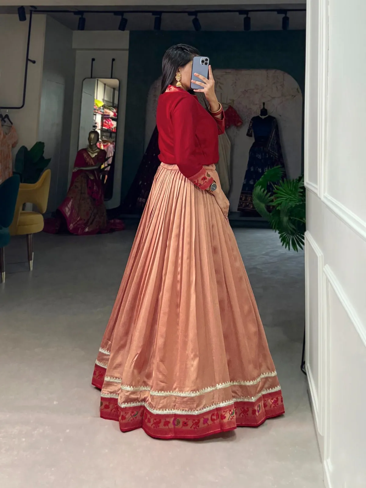 Red Vichitra Silk Lehenga Co-ord Set with Shirt