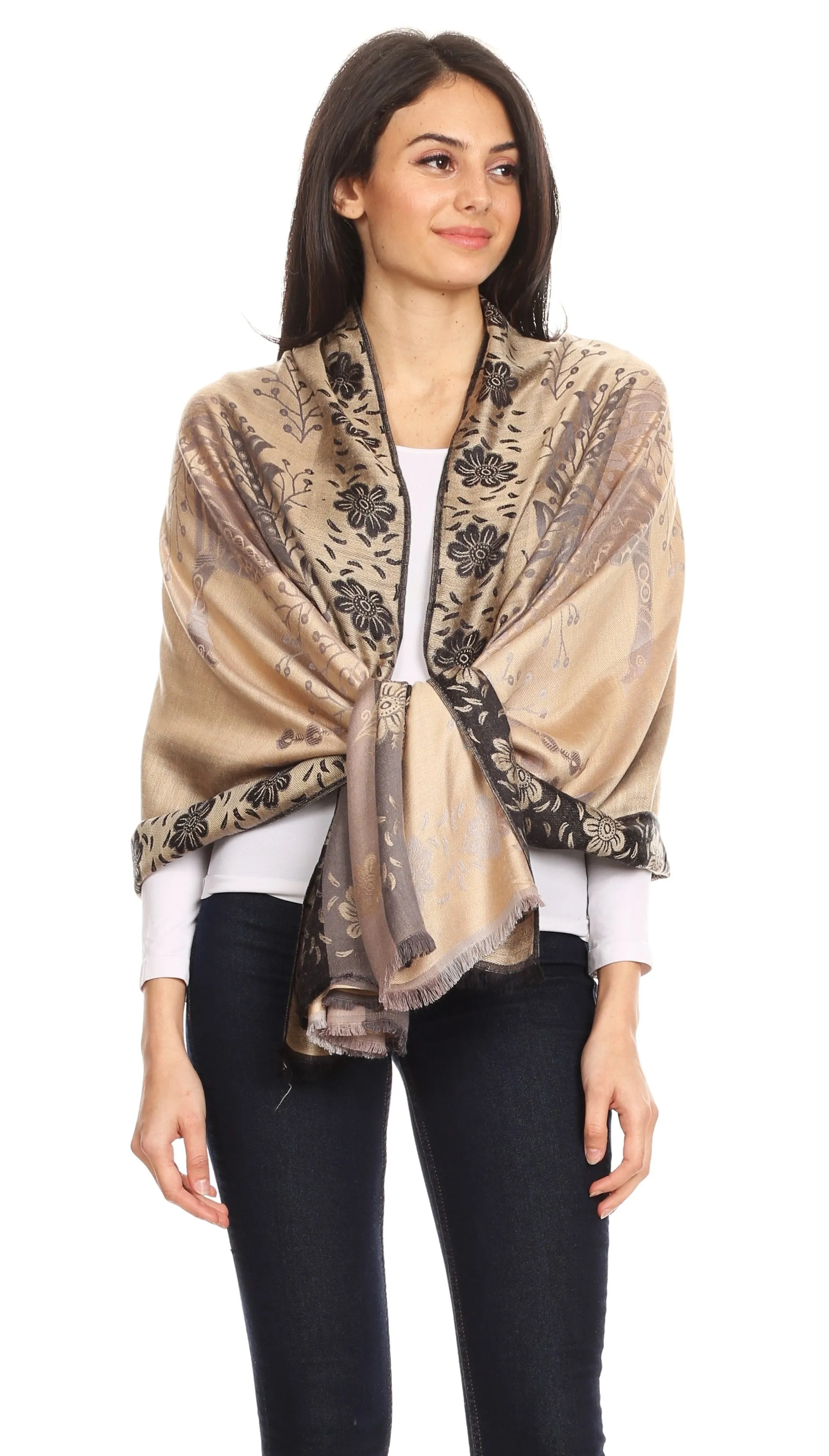 Sakkas Matilde Women's Peacock Floral Light and Soft Reversible Scarf Shawl Wrap