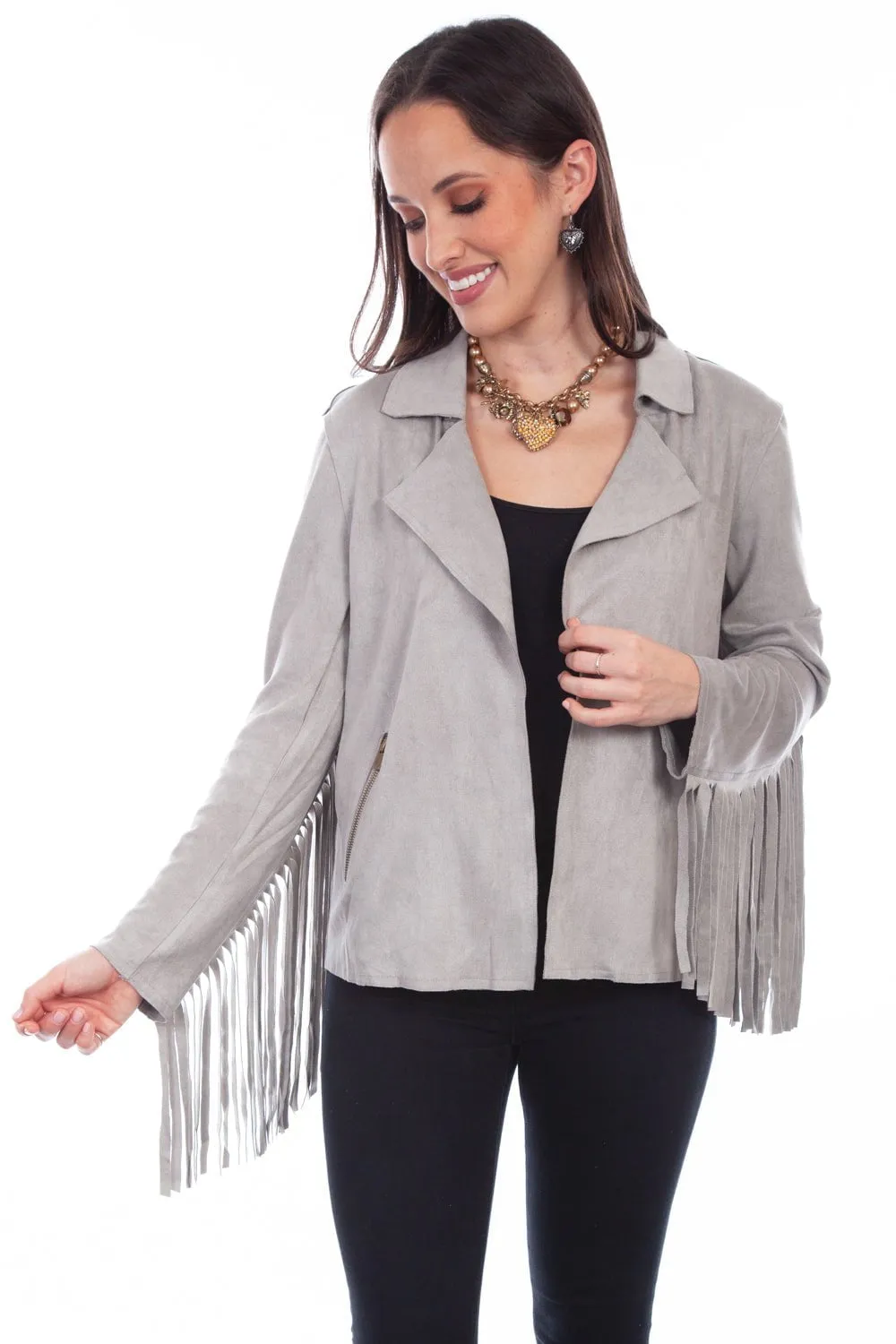 Scully Womens Western Fringe Light Grey Poly/Spandex Faux Leather Jacket