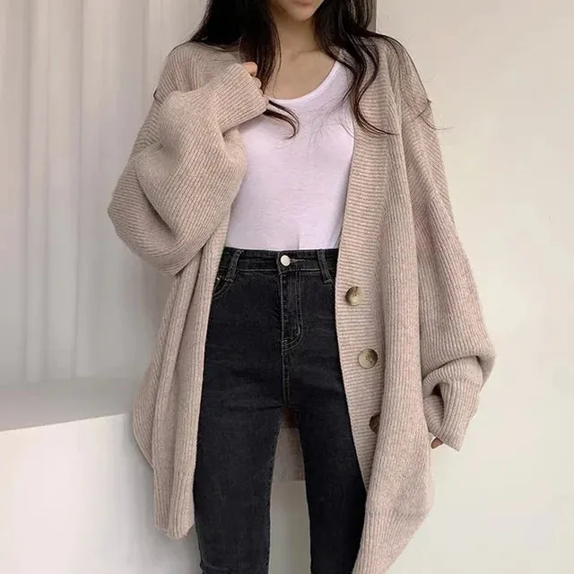 Solid Color Lazy Sweater Coat Women Autumn Winter New Loose Fit Large Size Knitted Cardigan Jumpers