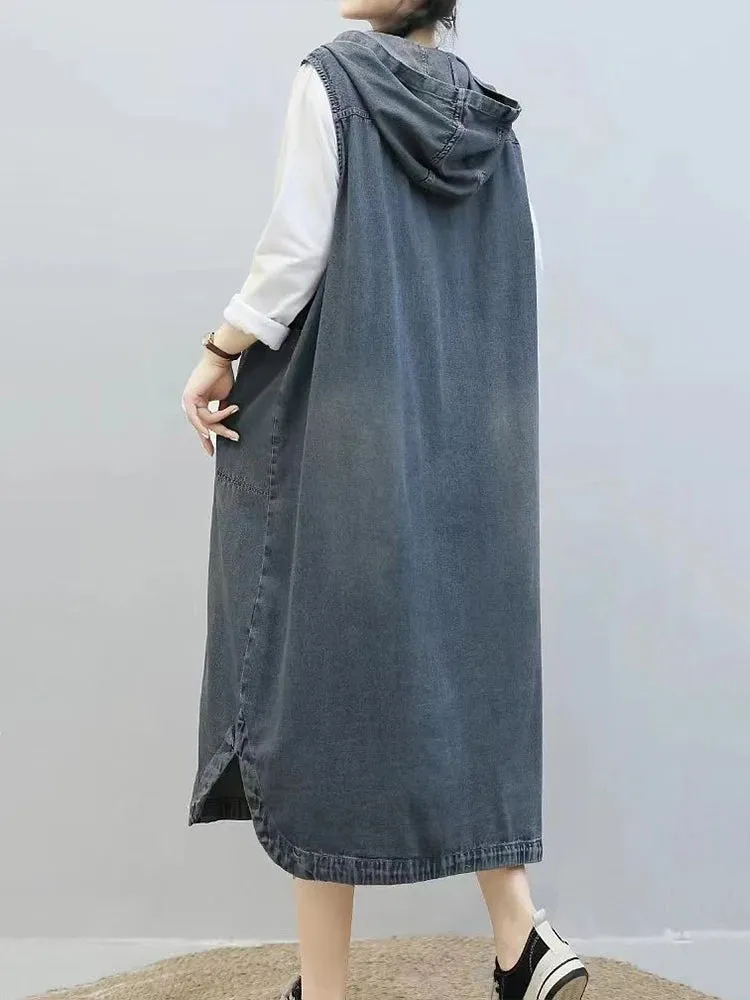 TEEK - Long Sleeveless Hooded Denim Vest Coat