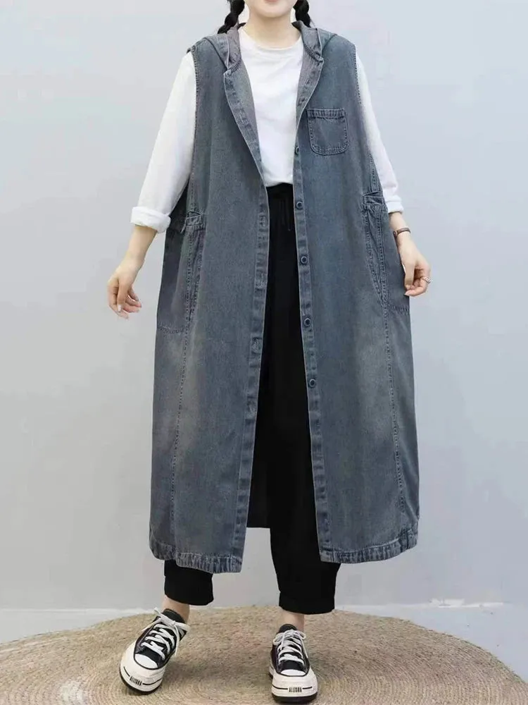 TEEK - Long Sleeveless Hooded Denim Vest Coat