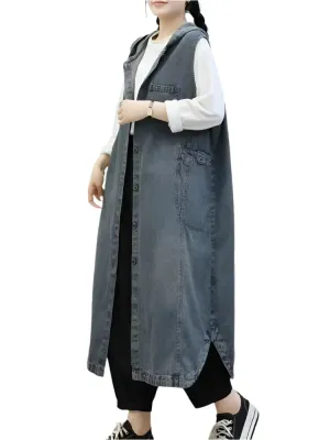 TEEK - Long Sleeveless Hooded Denim Vest Coat