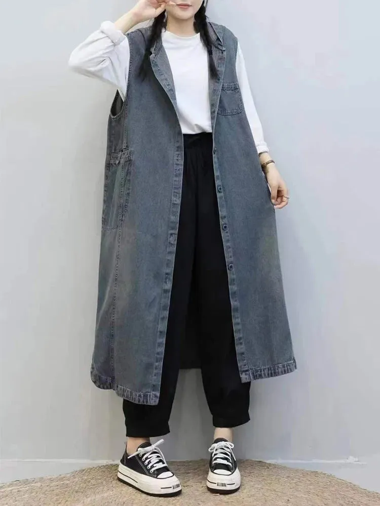 TEEK - Long Sleeveless Hooded Denim Vest Coat