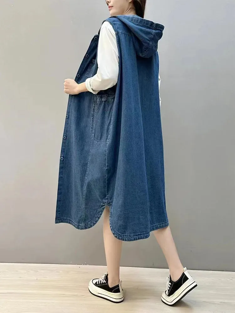 TEEK - Long Sleeveless Hooded Denim Vest Coat