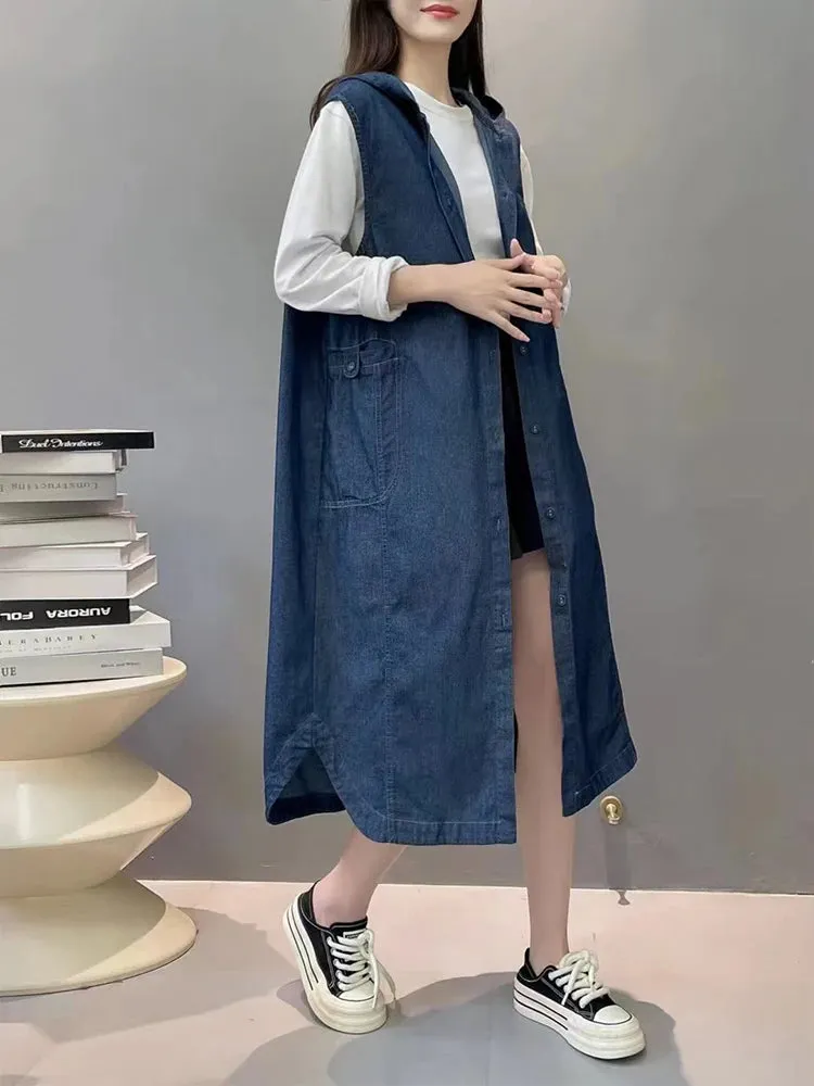 TEEK - Long Sleeveless Hooded Denim Vest Coat