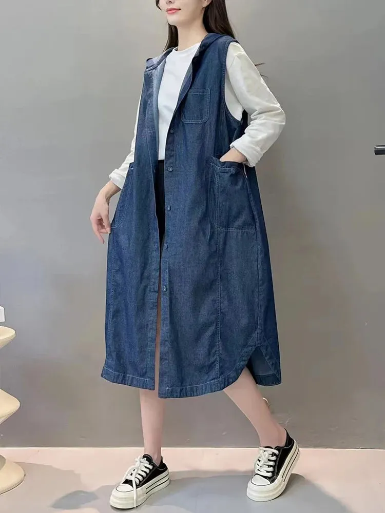 TEEK - Long Sleeveless Hooded Denim Vest Coat