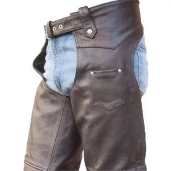 Unisex Plain Black Buffalo Leather Motorcycle Chaps Silver Hardware