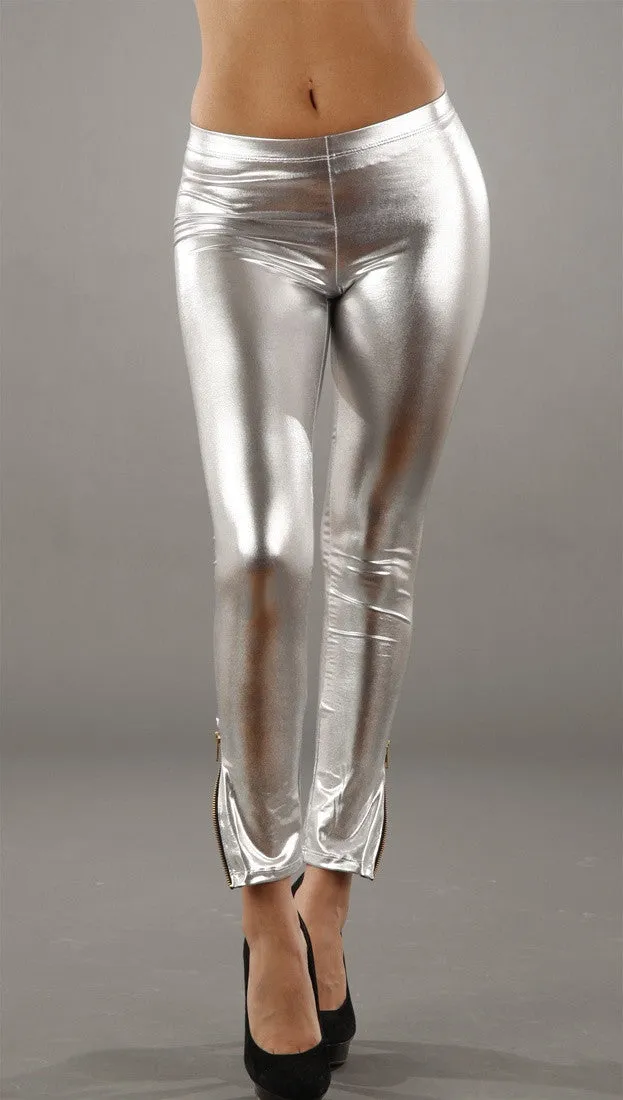 Vinyl Vegan Leather Ankle Zipper Leggings in Silver