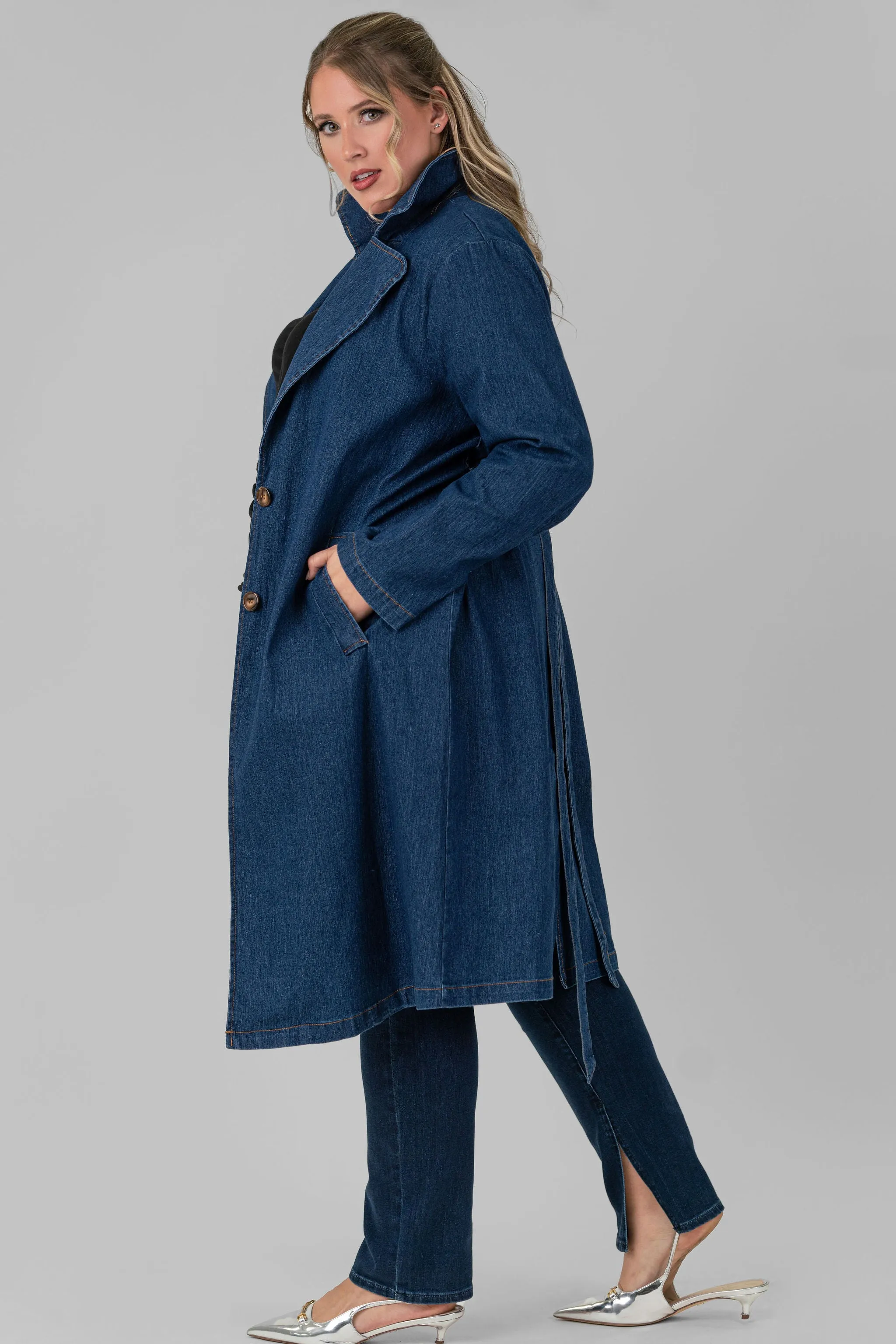 WASHED DENIM TRENCH COAT