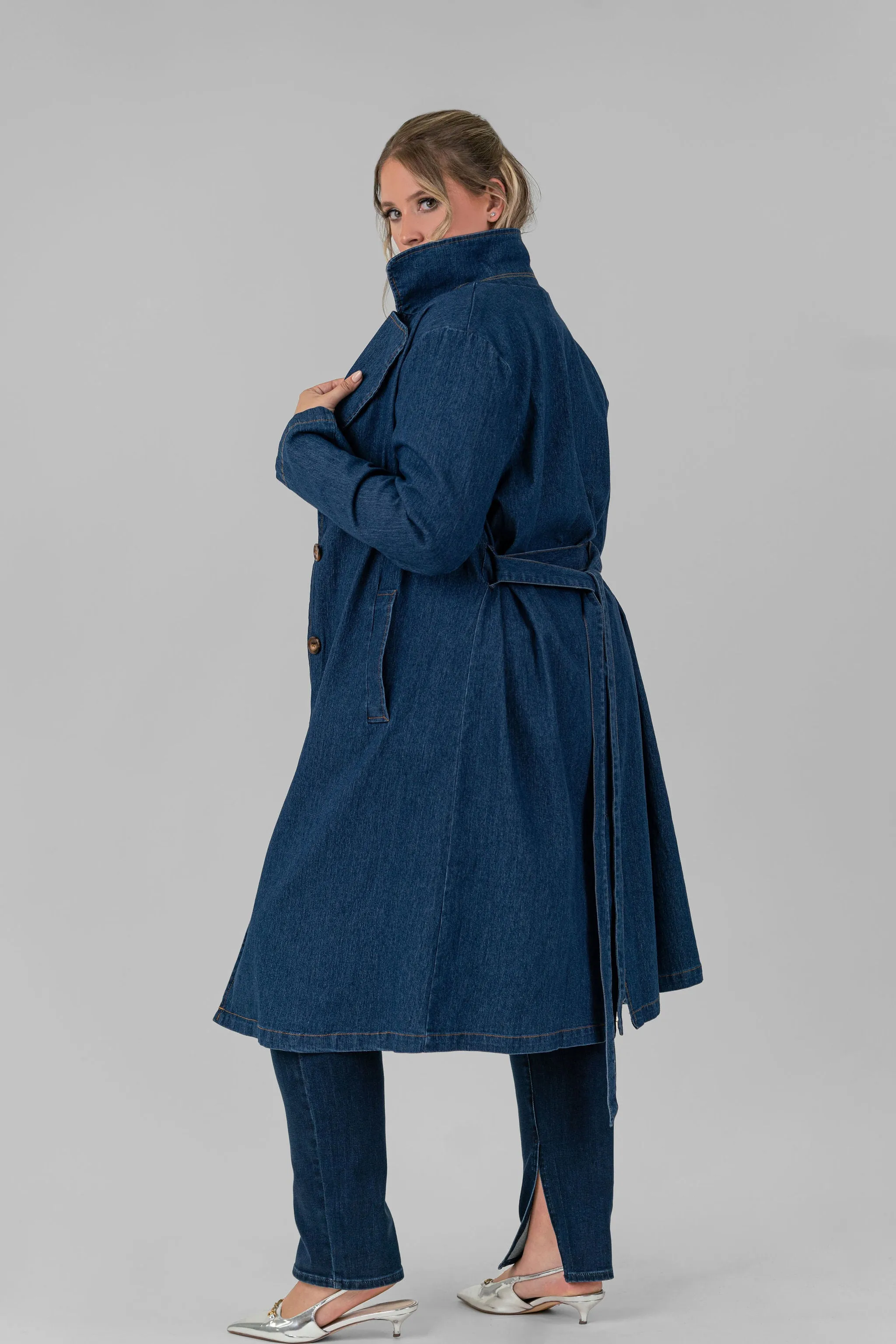 WASHED DENIM TRENCH COAT