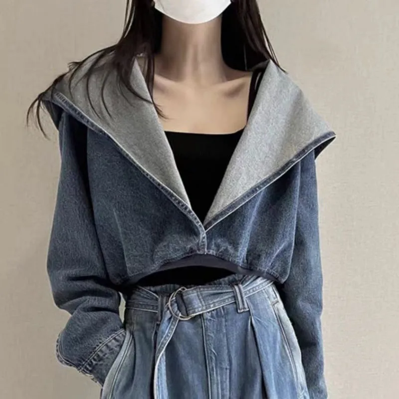 Wenkouban leapord Autumn outfit Winter and Autumn Coat Blue Hooded Denim Short Coat