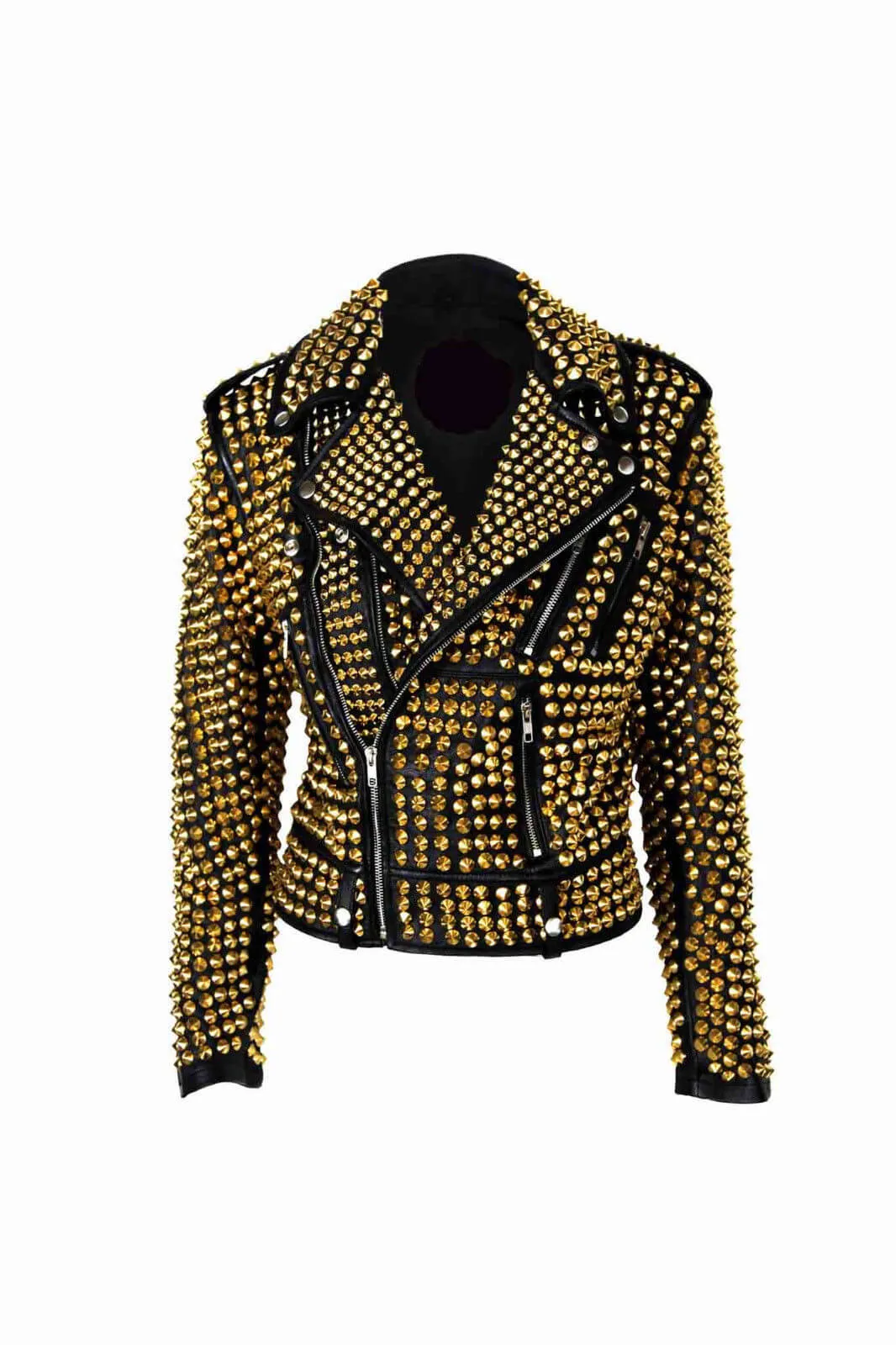 Woman Luxury Black Punk Golden Studded Cowhide Brando Leather Jacket