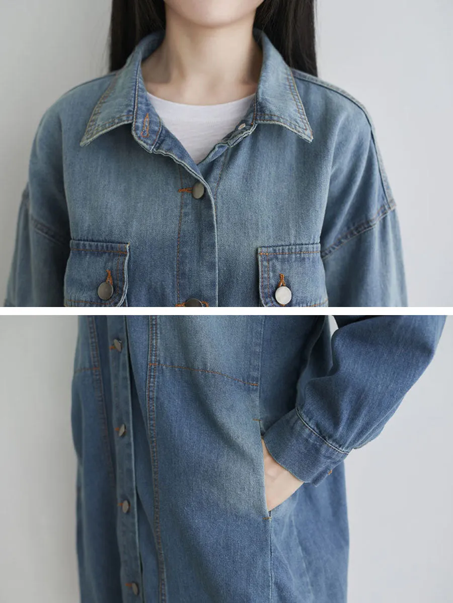 Women Autumn Casual Solid Pocket Denim Shirt Coat