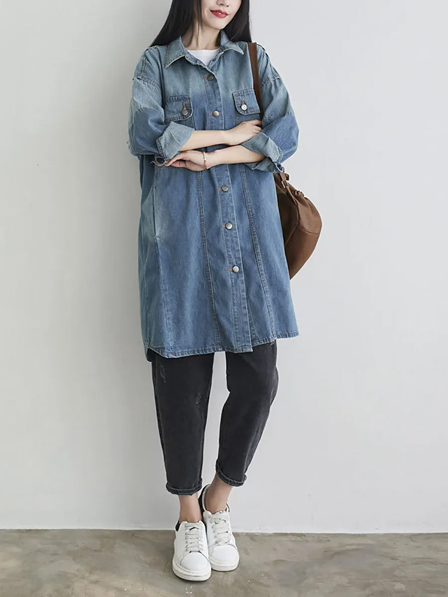 Women Autumn Casual Solid Pocket Denim Shirt Coat