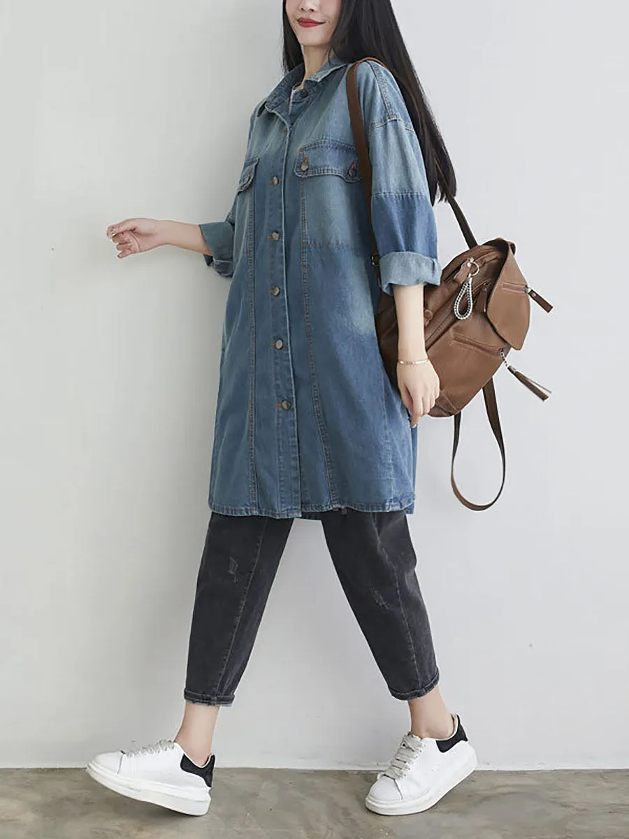 Women Autumn Casual Solid Pocket Denim Shirt Coat