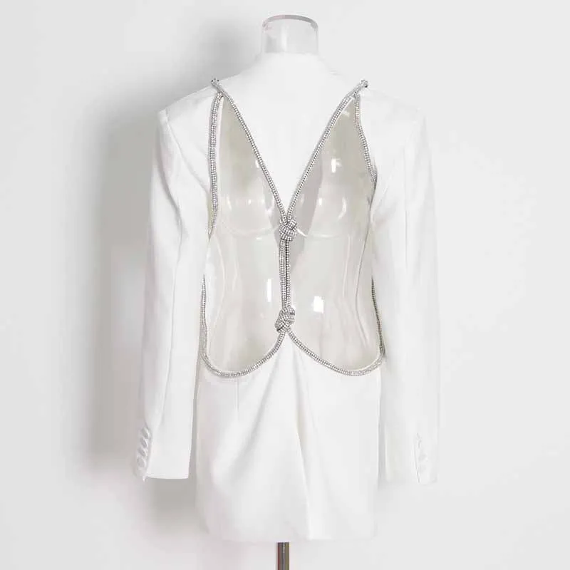 Women Deep-V One Button Blazer Clear Back Mid-Length Blazer