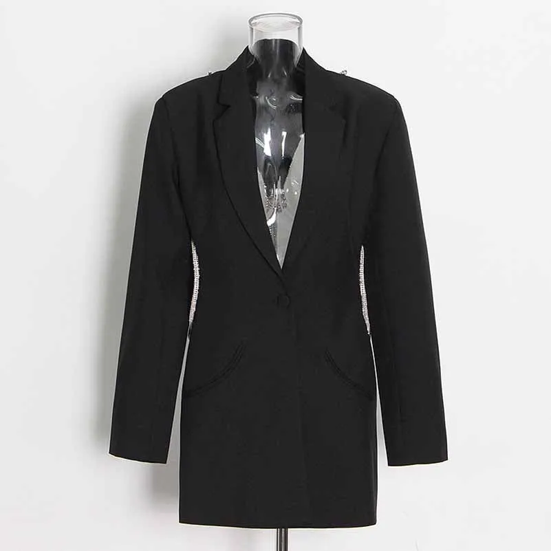 Women Deep-V One Button Blazer Clear Back Mid-Length Blazer