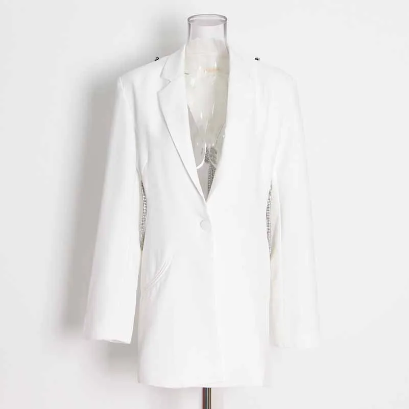 Women Deep-V One Button Blazer Clear Back Mid-Length Blazer