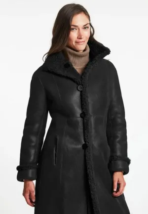 Women’s Black Leather Shearling Long Coat