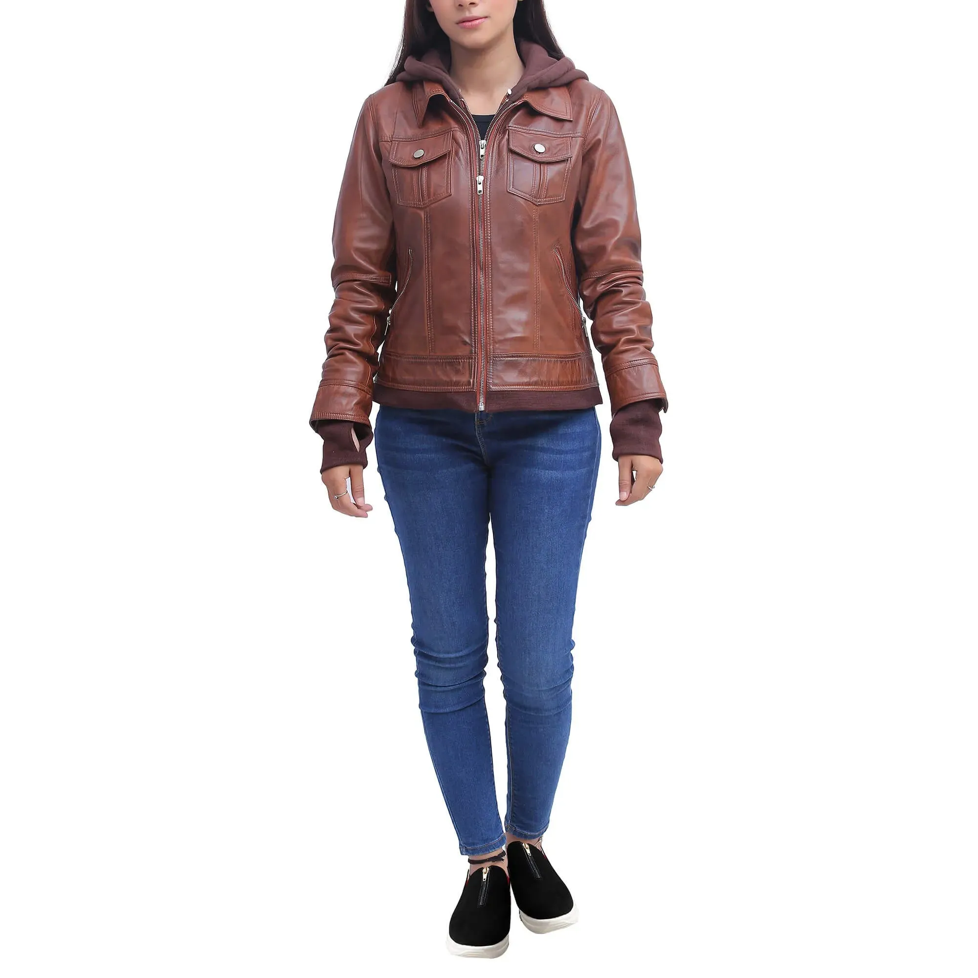 Womens Brown Leather Jacket With Hood