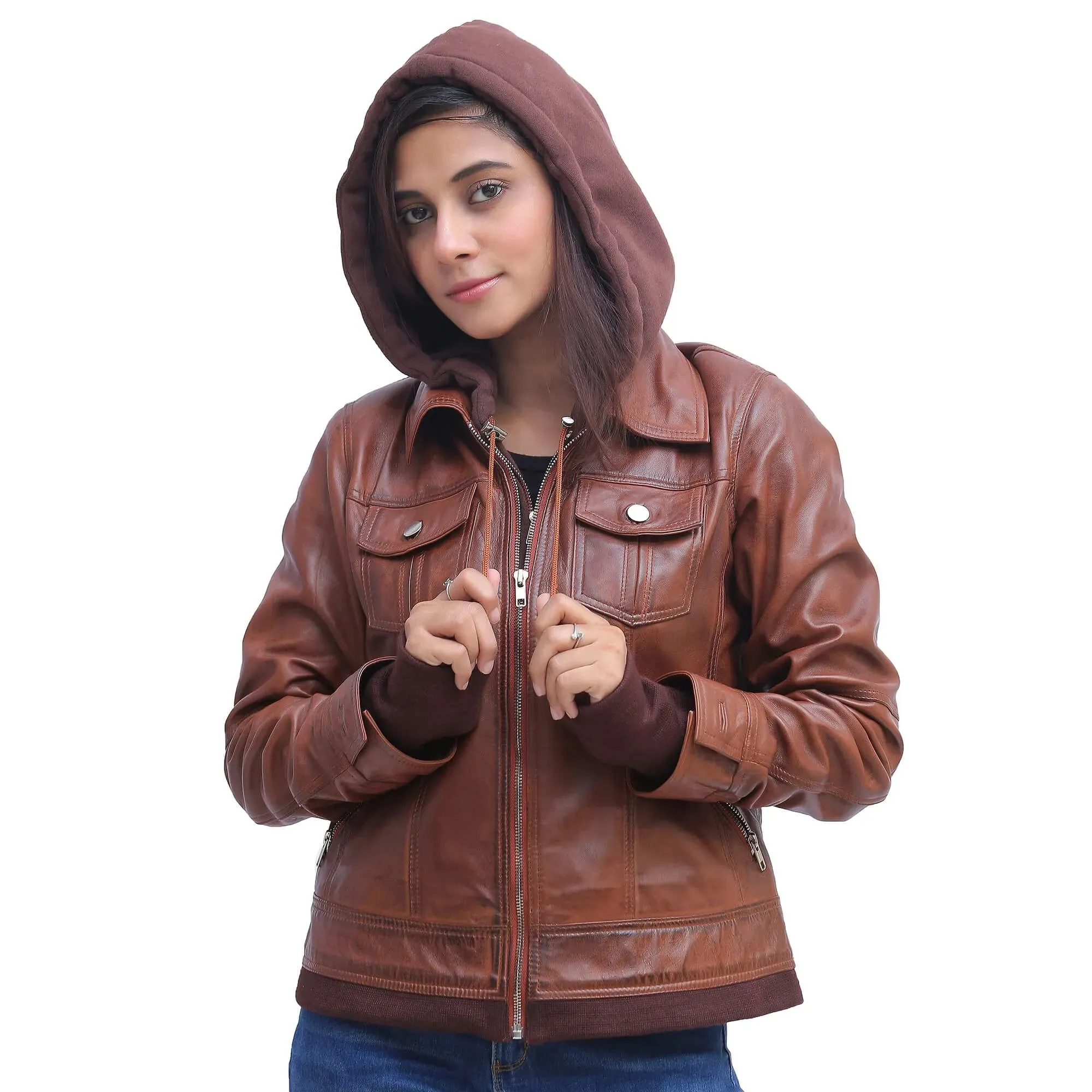 Womens Brown Leather Jacket With Hood