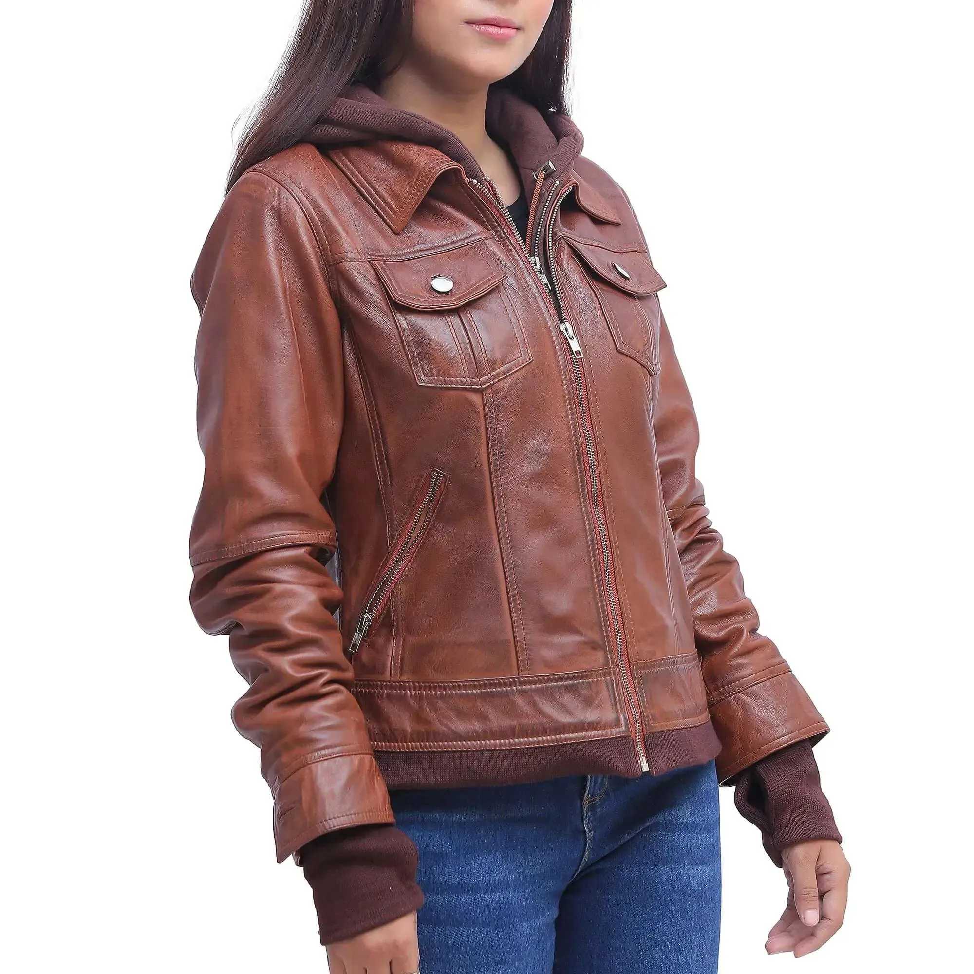 Womens Brown Leather Jacket With Hood