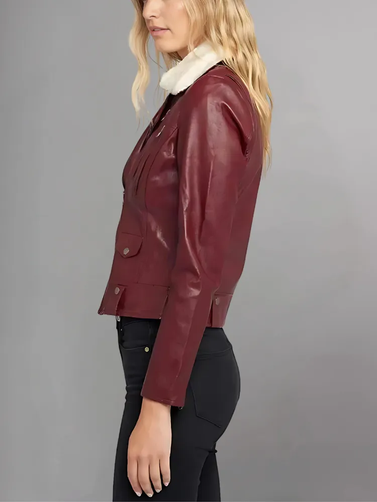 WOMEN'S FUR COLLAR MAROON LEATHER JACKET