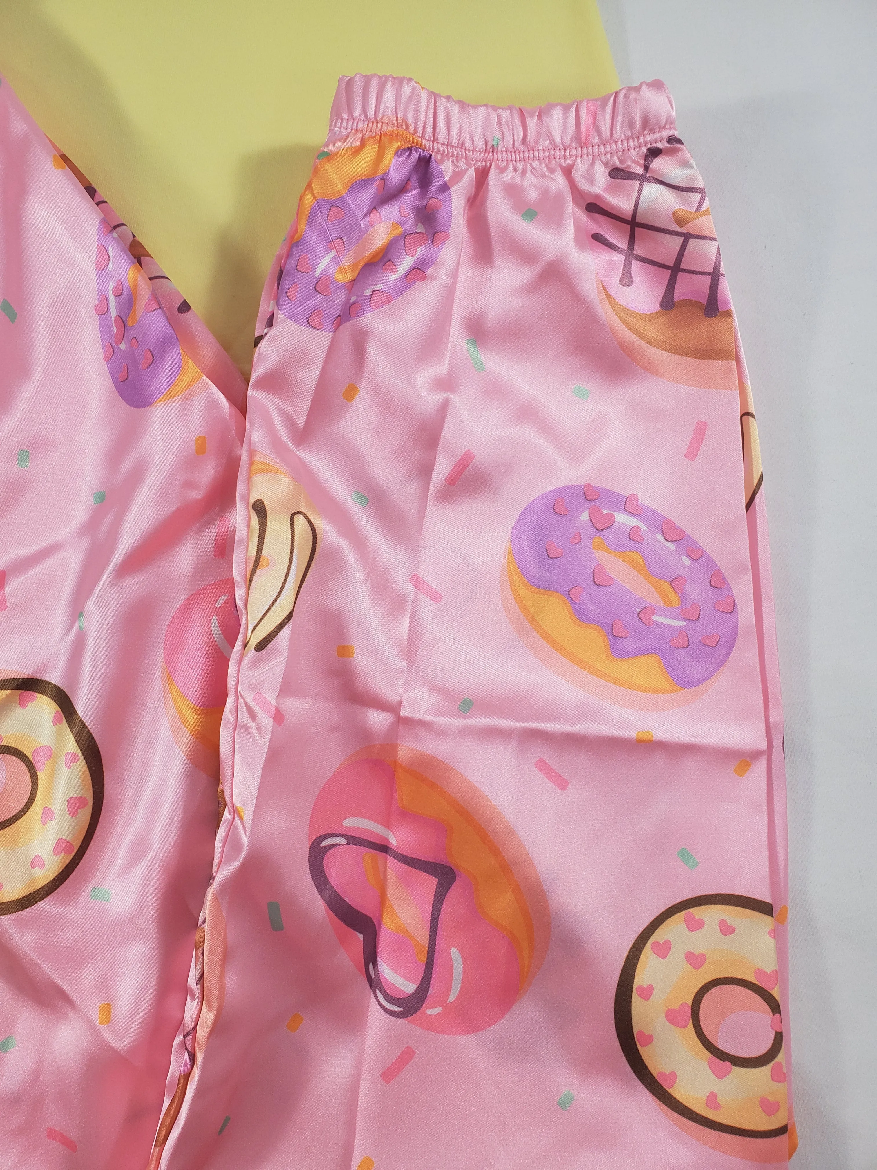 Women's Sexy pink satin pajama set donuts theme pants yellow blouse