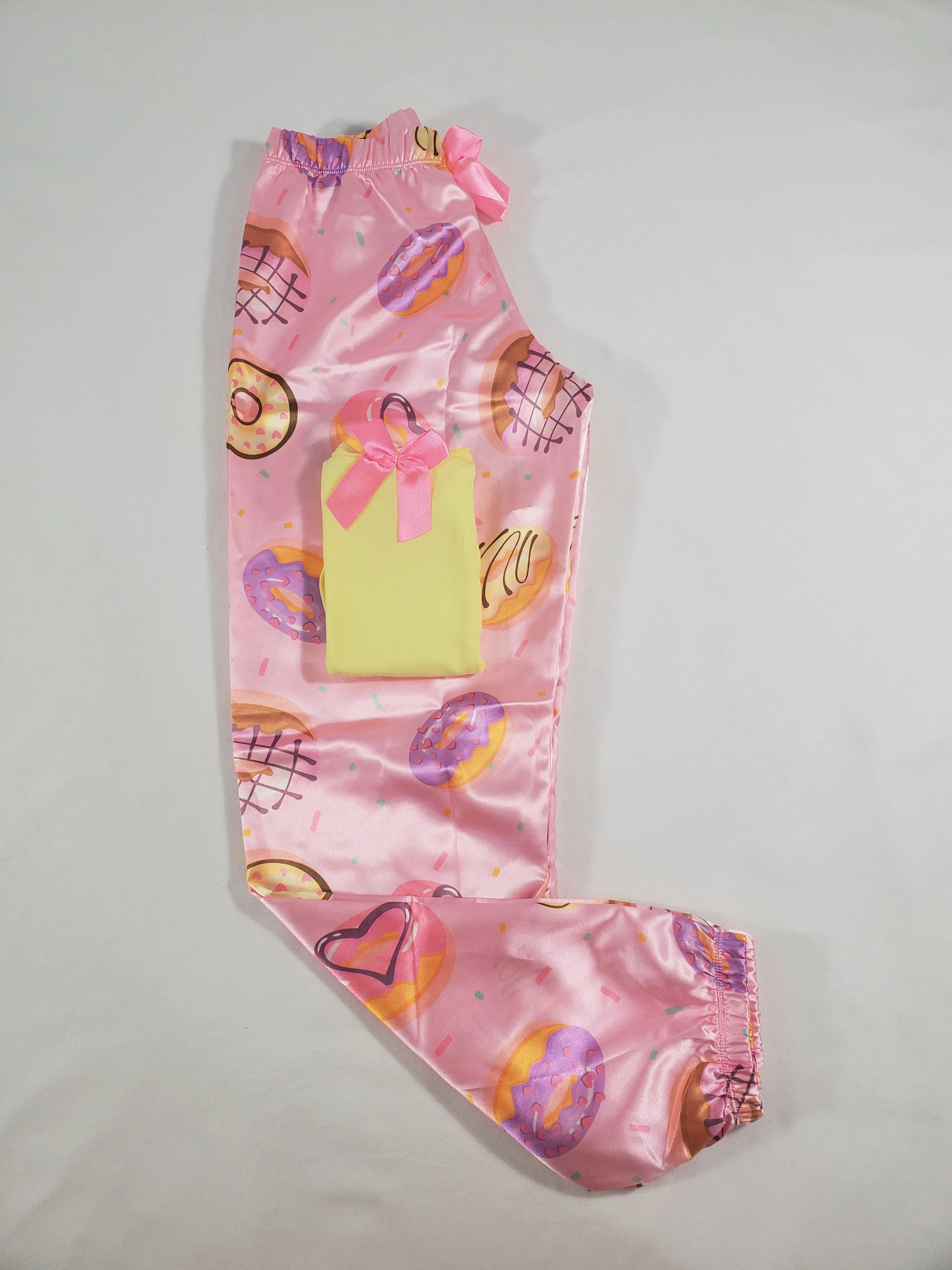 Women's Sexy pink satin pajama set donuts theme pants yellow blouse