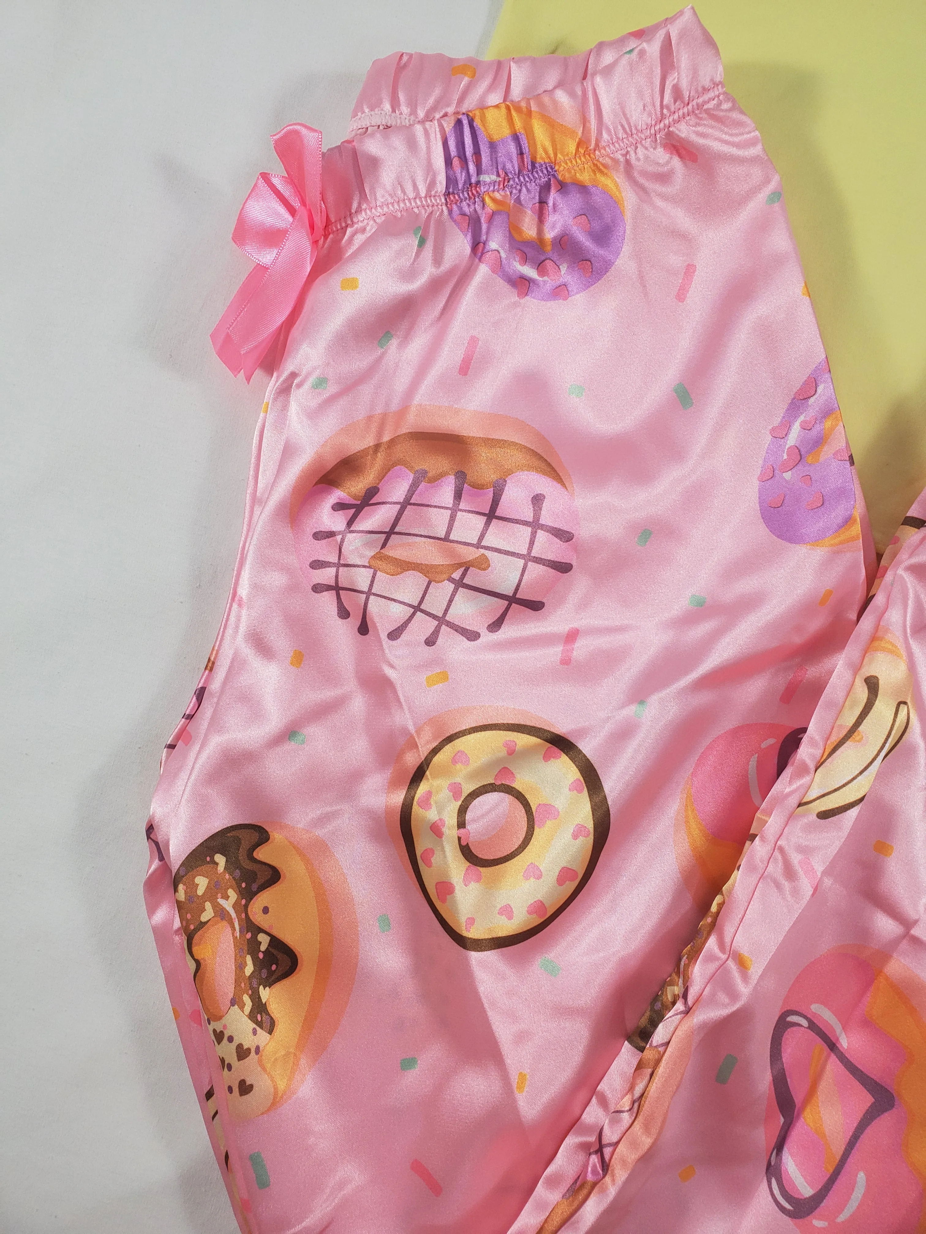 Women's Sexy pink satin pajama set donuts theme pants yellow blouse