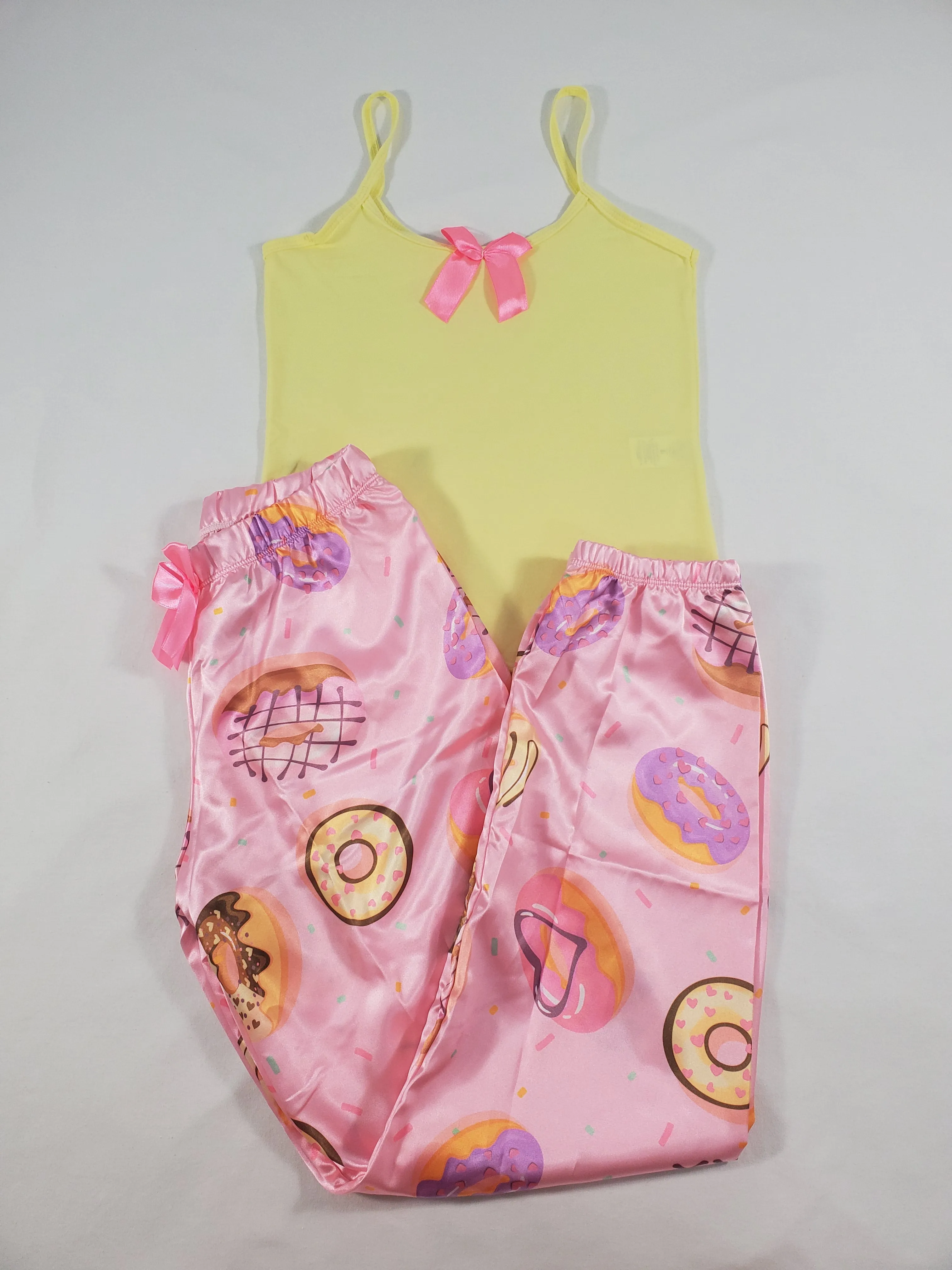 Women's Sexy pink satin pajama set donuts theme pants yellow blouse