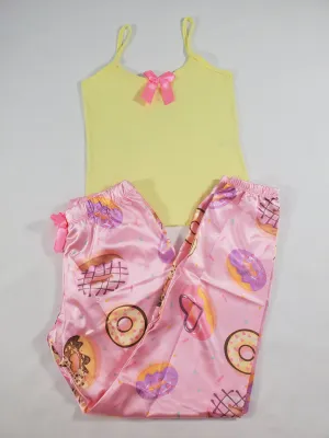 Women's Sexy pink satin pajama set donuts theme pants yellow blouse