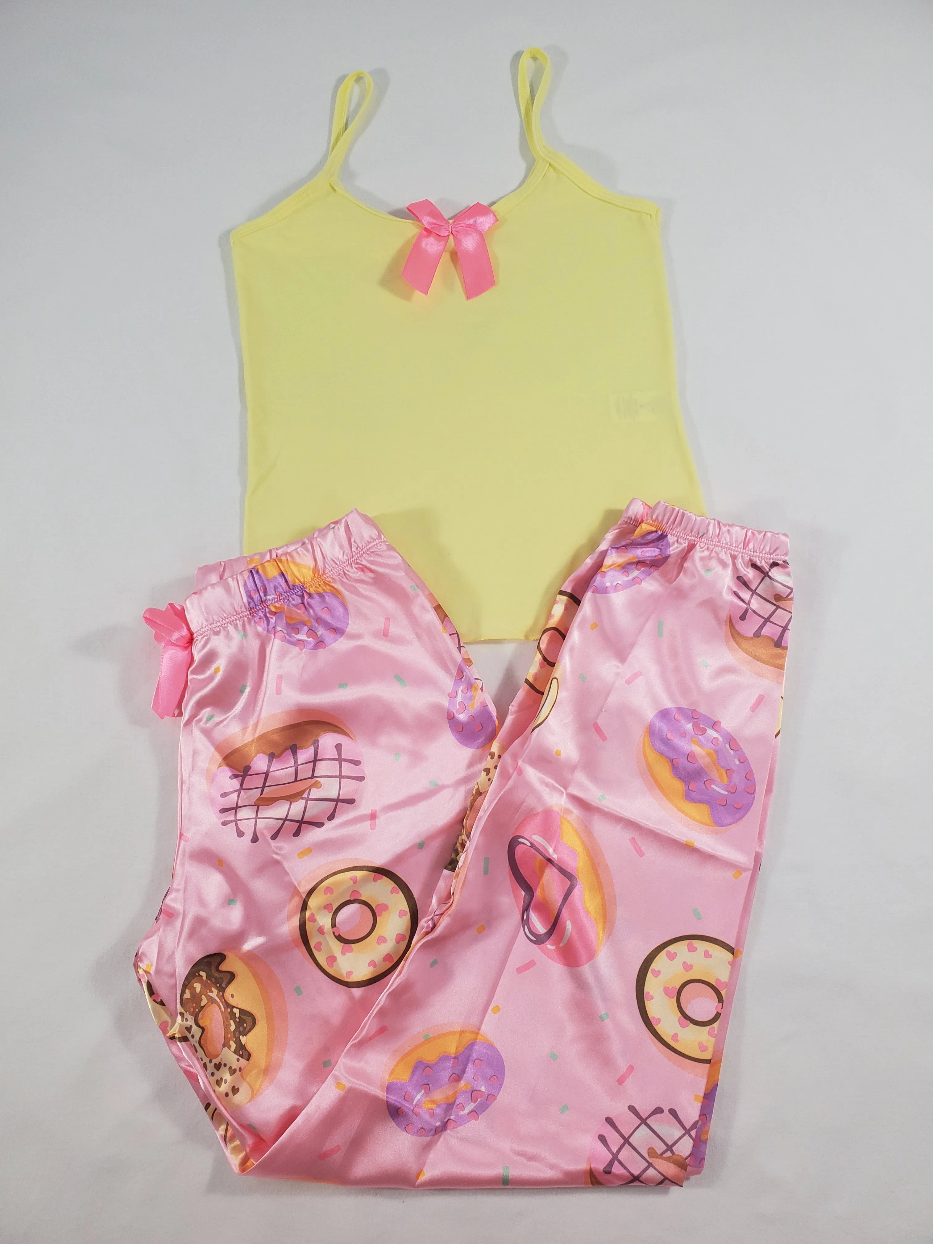 Women's Sexy pink satin pajama set donuts theme pants yellow blouse