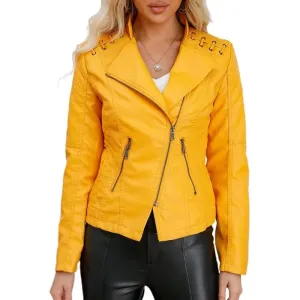 Yellow Biker Style Leather Jacket For Women's