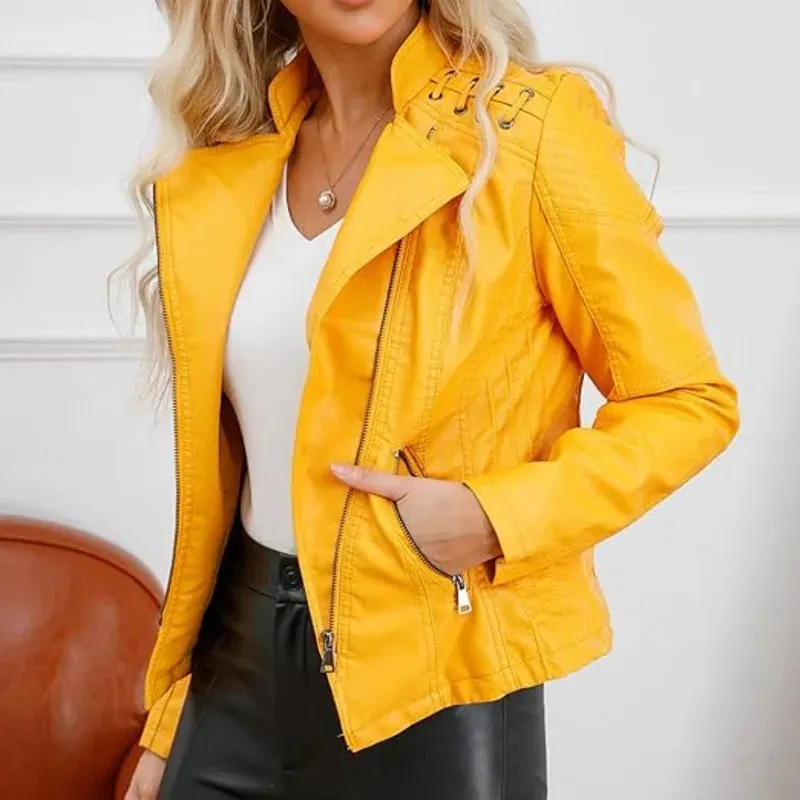 Yellow Biker Style Leather Jacket For Women's